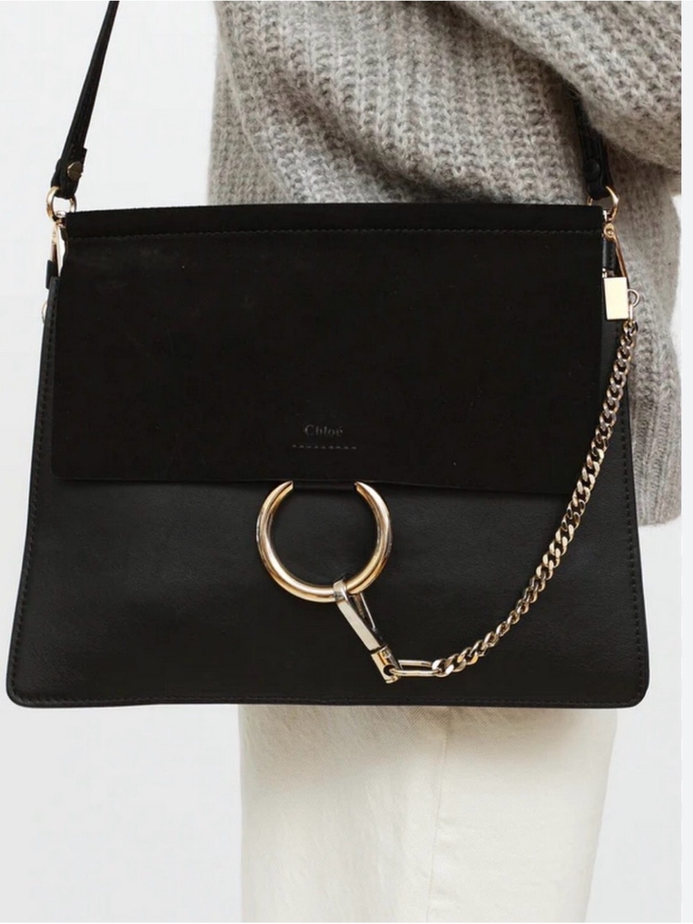 Chloe Faye Medium Suede and Calfskin Leather Black Shoulder Crossbody Bag $1950